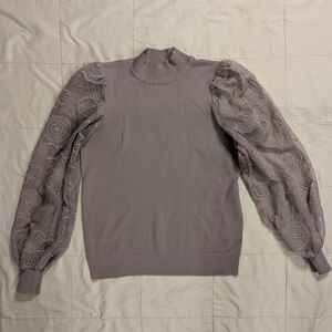 Muted Lilac/Mauve Mock Neck Sweater Top w/ Sheer Embroidered Sleeves